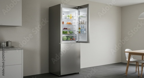 Modern kitchen with refrigerator.