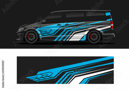 Blue geometric car wrap design on dark vehicle