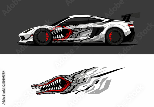 Aggressive Shark Mouth Car Wrap Design on Sports Car