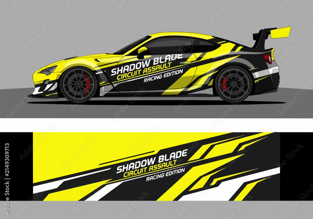 Fototapeta premium Yellow racing car with bold circuit assault decal design