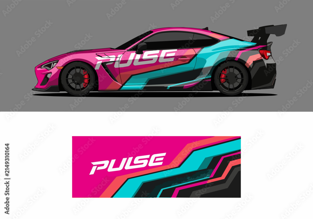 Fototapeta premium Pink and cyan sports car with pulse branding design