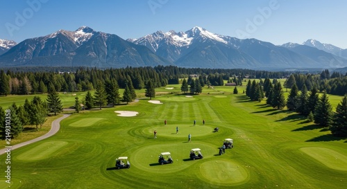 Golf course with mountain range.