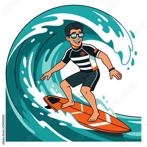 Photography Young man surfing big ocean wave riding orange surfboard during summer vacation