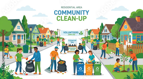 Community Volunteers Cleaning Up a Neighborhood Street Illustration