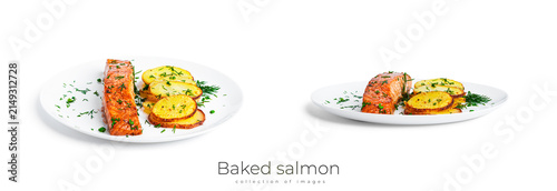 Canvas Print Baked potatoes with herbs on white plate isolated on a white background