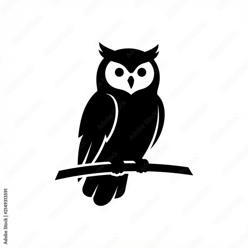 Obraz premium Minimalist owl vector illustration perched on branch. Stylized black and white bird graphic for modern design projects.
