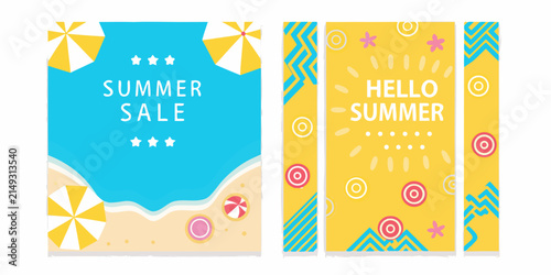 Photography Three vibrant flat vector summer banners featuring beach and geometric patterns