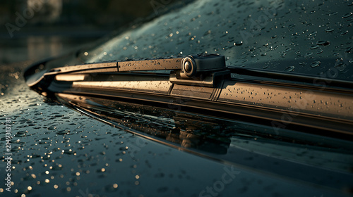 Elegent photo of Close-up of car windshield wiper on a rainy day. This image represents vehicle maintenance and road safety during inclement weather conditions.