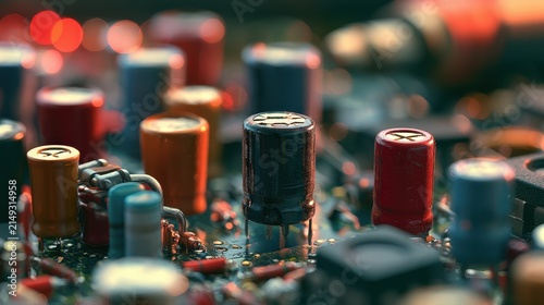 Electronic Components capacitor resistor connector system optimization sustainable engineering close up engineering desk whimsical Blend mode technical workspace.