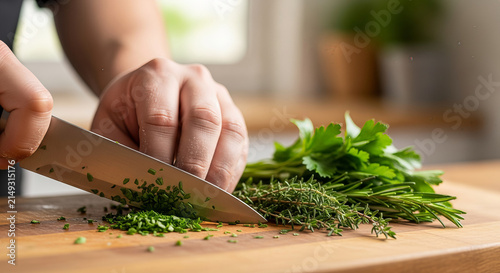 Chef Hands Chopping Fresh Green Herbs with Knife on Wooden Cutting Board in Kitchen