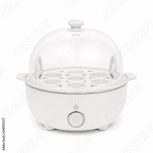 white egg cooker appliance with glass lid