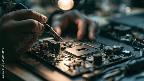 Electronics Repair technician craftsmanship fault detection equipment restoration close up maintenance workshop dynamic Fusion professional electronics repair station.
