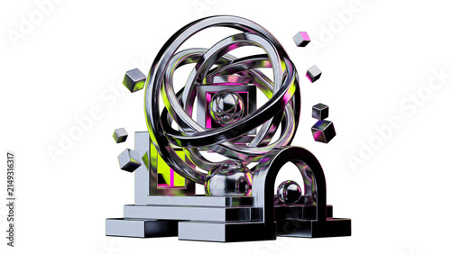 Abstract 3D Geometric Metallic Sculpture with Neon Accents