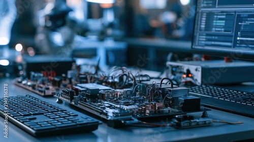 Embedded System firmware control automation intelligent devices industrial evolution selective focus robotics laboratory futuristic Composite embedded development bench. 
