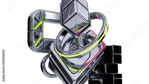 Abstract 3D Metallic Geometric Shapes with Neon Accents