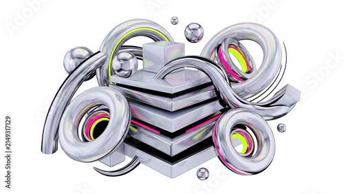 Futuristic Chrome 3D Geometric Composition with Neon Accents