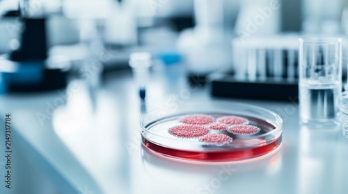 A close-up of a petri dish filled with a red liquid and multiple colonies of microorganisms, sitting on a lab bench with scientific equipment in the blurred background