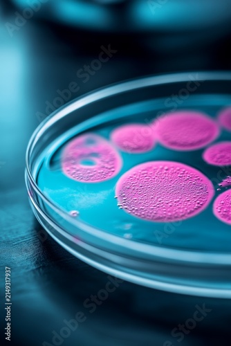 A petri dish filled with pink liquid and small bubbles, set against a dark background