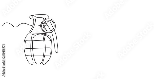 Animated self drawing of  Continuous single line drawing of grenades isolated on white background. The equipment for war. Army weapon concept. Shield with gun vector illustration minimalism design,