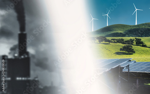 Cuadro en lienzo Contrast between industrial pollution from a factory emitting smoke and clean renewable energy sources like wind turbines and solar panels in a green landscape