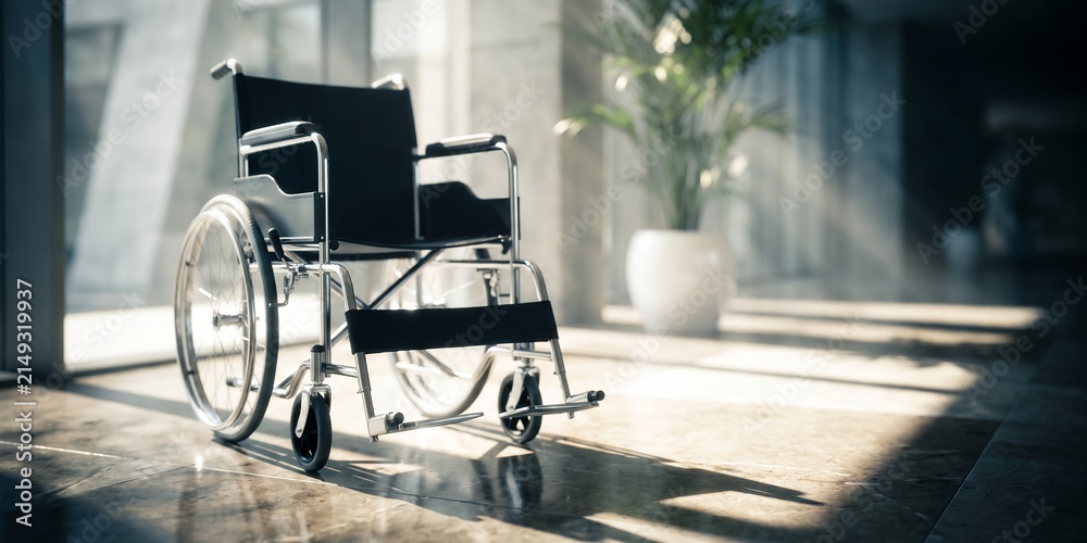 Obraz premium Manual wheelchair in a bright modern hospital hallway showcasing metallic frame, ergonomic seating and natural sunlight, representing handicap accessibility and patient recovery