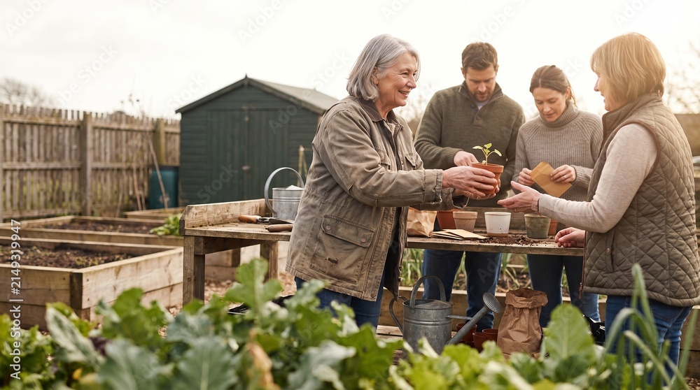 Obraz premium Neighbors exchange seedlings at a shared garden club