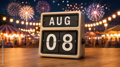 Vintage mechanical flip calendar showing August 08 on a wooden table with a lively night carnival and fireworks display in the background.