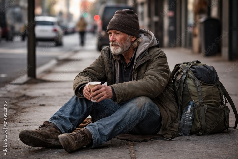 Fototapeta premium An elderly man in worn clothes sits on a city sidewalk holding a cup, with a large backpack and water bottle beside him, appearing contemplative and weathered.