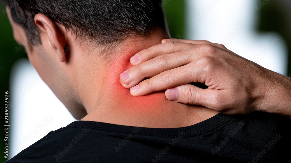 Fototapeta premium Person massaging sore neck with pain highlighted