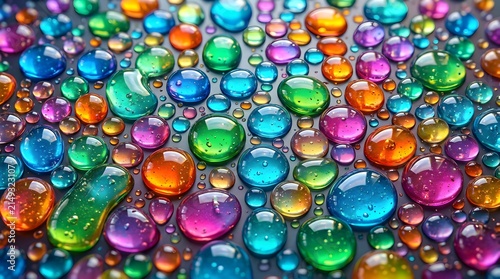 Colorful Water Drops Background with Vibrant Rainbow Liquid Droplets Macro Texture Pattern