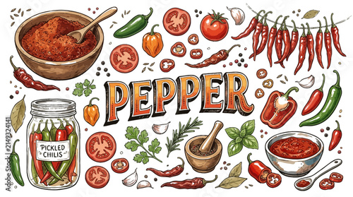 Hand drawn illustration featuring assorted chili peppers tomatoes garlic herbs and spices on beige background