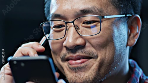 Extreme close-up of a smiling middle-aged Asian man with glasses looking at his smartphone.