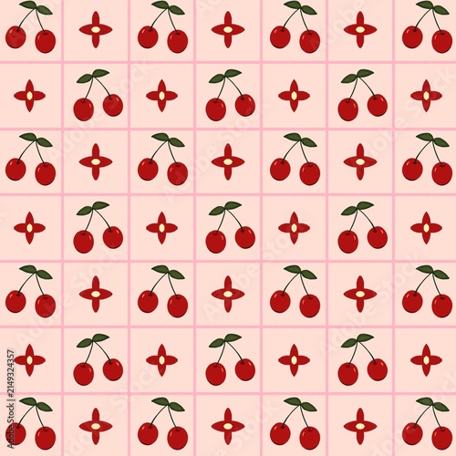 Seamless pattern of cherries with leaves on pink background, best for background or backdrop