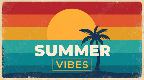 Retro Summer Vibes Sunset Illustration with Palm Tree