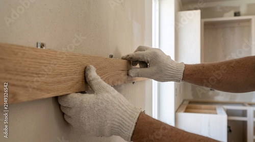 Detailed close-up shot of a craftsman's hands wearing white work gloves aligning two wooden planks on wall mounting brackets in a kitchen or room setup.