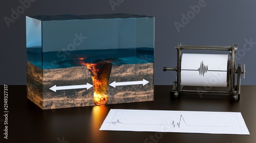 Oceanic crust spreading rift model, rock fracture, and seismograph roll, sudden tectonic event concept.

