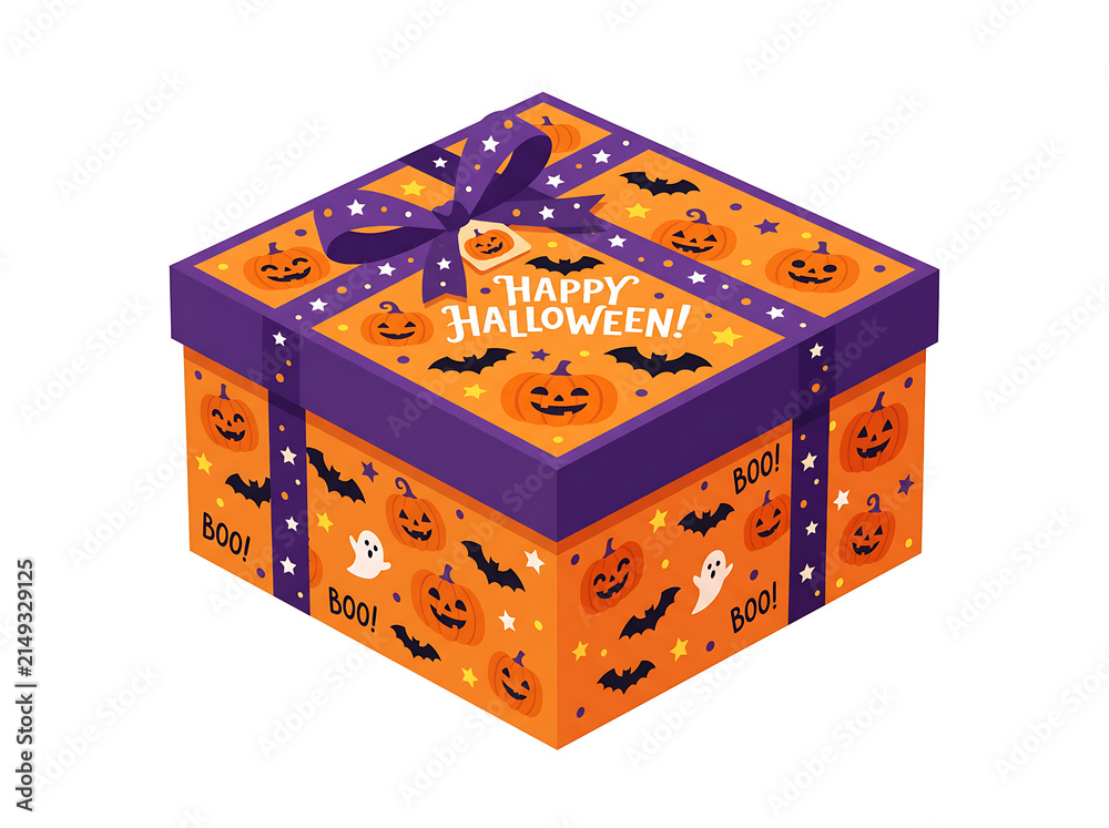 Obraz premium Vibrantly decorated Halloween gift box in orange and purple, adorned with playful pumpkins, cheerful ghosts, and 'Happy Halloween!' text, ideal for a spooky season celebration or surprise