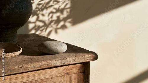 Worn wooden cabinet edge with smooth river stone, calm and accessible workspace concept
