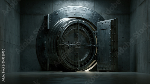 A massive heavy metal bank vault door stands open in a dark room. Represents high security, wealth protection, and.