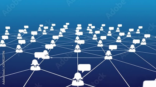 Digital animation of a global social network featuring female icons and speech bubbles on a blue background.
