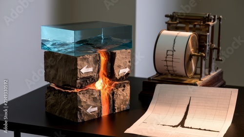 Oceanic crust spreading rift model, rock fracture, and seismograph roll, sudden tectonic event concept.
