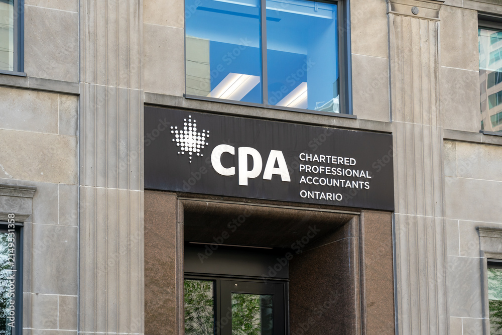 Fototapeta premium Toronto, Canada - August 5, 2026: Close up of CPA Ontario sign on the building in Toronto, Canada. Chartered Professional Accountants of Canada (CPA Canada) is a national accounting organizations.