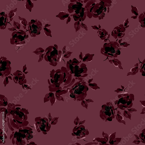 Принти на полотні Deep red watercolor roses with leaves pattern on muted burgundy background seaml