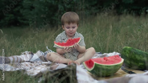 Little boy sitting on picnic blanket and eating juicy watermelon