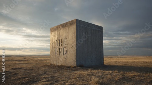 Concrete structure inscribed with 'The End' in a desolate field