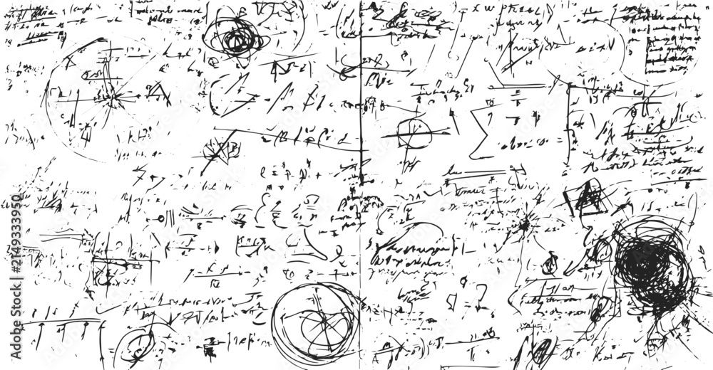 Obraz premium Abstract Handwritten Notes Background with Scientific Formulas and Cryptic Diagrams in Black Ink