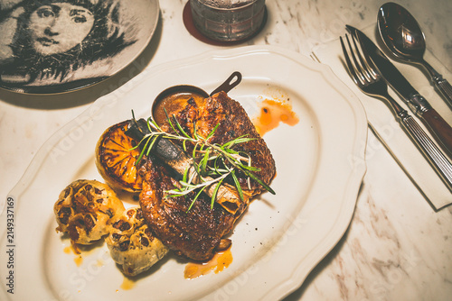 Tuscan Grilled Ribeye 
230gm Black Angus Ribeye with Lemon, Garlic & Rosemary