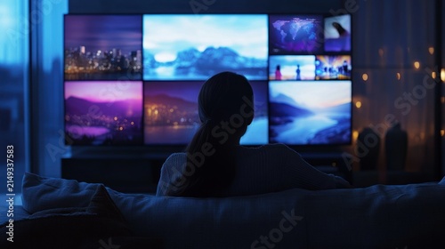 Woman watching multi screen display