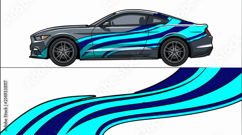 Sleek sports car with dynamic wave design wrap