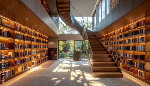 Interior design of a modern multilevel home library with wooden spiral staircase bookshelf interior architecture spacious
